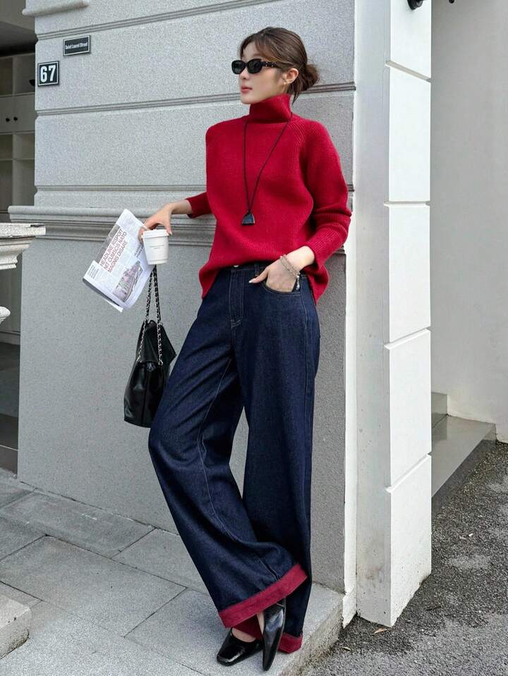 CM-BS215262 Women Casual Seoul Style Dark Wash Contrasting Edge High Waist Extra Long Wide Leg Jeans