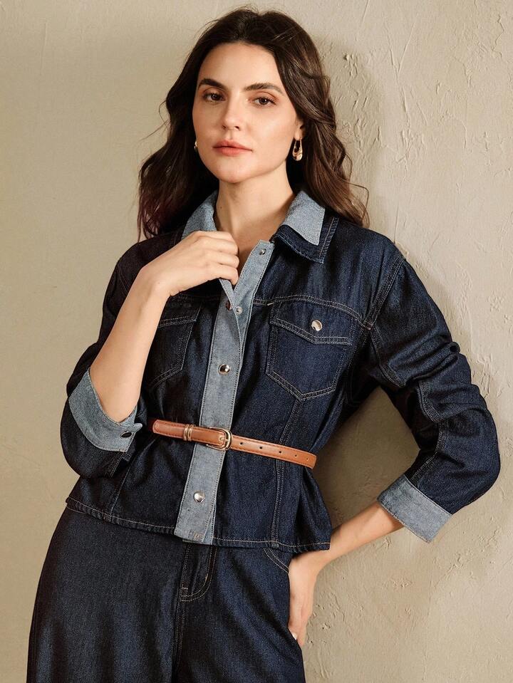 CM-CS284416 Women Casual Seoul Style Collar Neckline Long Sleeve Fitted Denim Jeans - Blue
