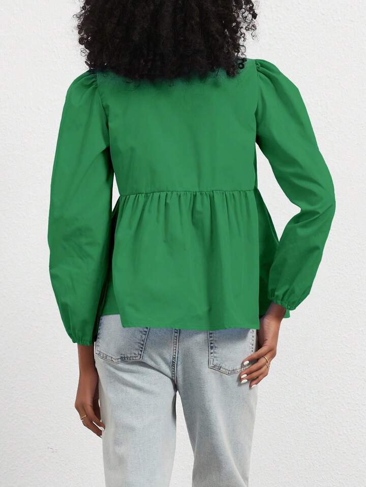 CM-TS810531 Women Casual Seoul Style Print Ruffle Hem Tie Long Sleeve Shirt - Green