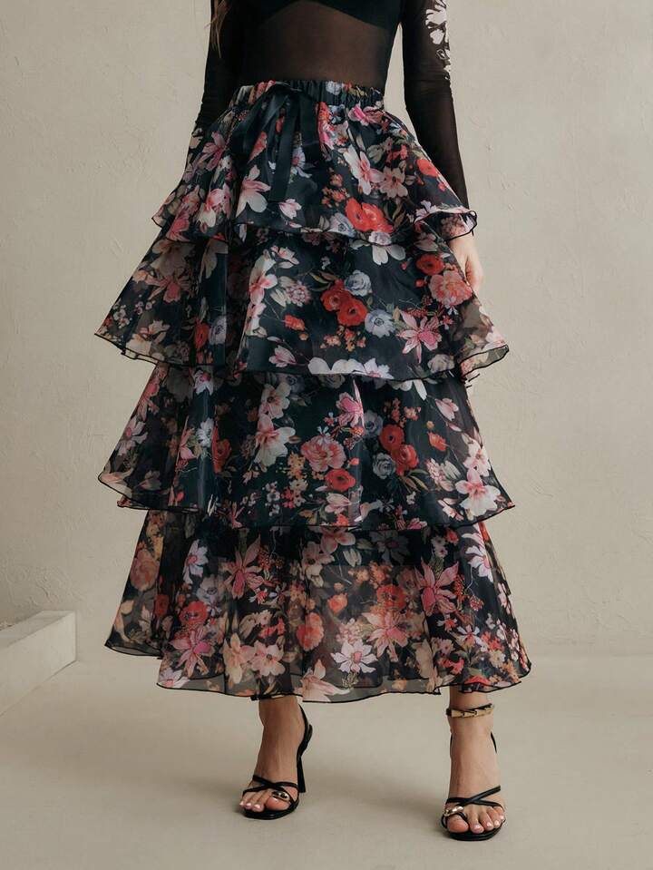 CM-BS613523 Women Elegant Seoul Style Mid Waist Floral Tie-Up Layered Cake Maxi Skirt