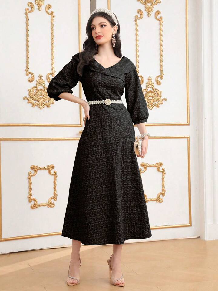 CM-DS988448 Women Elegant SeouL Style V-neck 3/4 Lantern Sleeve A-Line Dress - Black