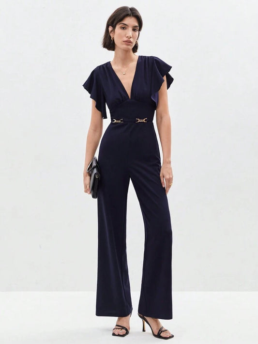 CM-JS542802 Women Elegant Seoul Style Butterfly Sleeve Chain Decorated Jumpsuit - Navy Blue