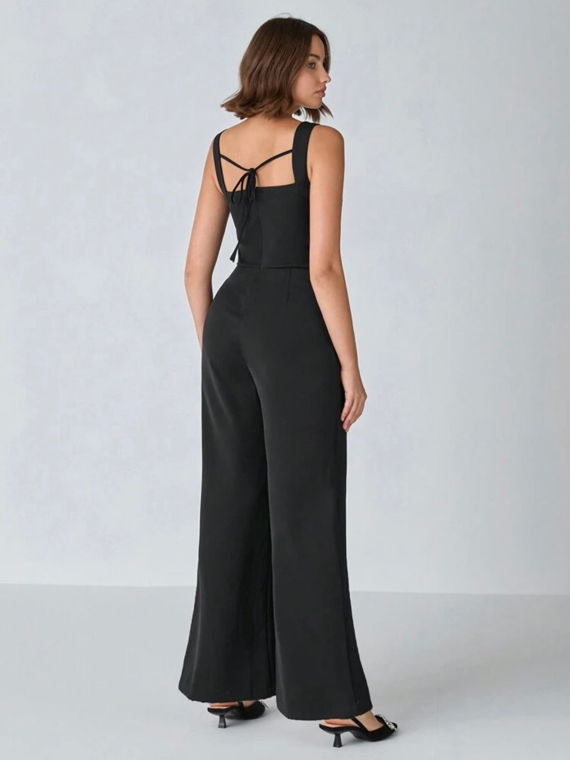 CM-JS432207 Women Elegant Seoul Style Sequin Bow Decorated Sleeveless Wide Leg Jumpsuit - Black