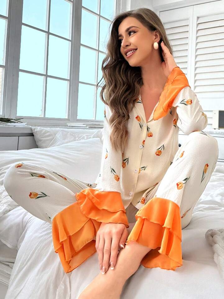 CM-LS933193 Women Trendy Seoul Style Floral Print Patchwork Ruffle Trim Decorated Pajama Set