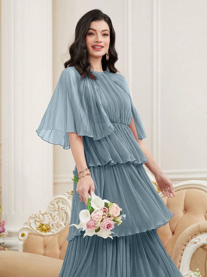 CM-DS707088 Women Elegant Seoul Style Round Neck Mesh Patchwork Ruffled Hem Long Dress - Mint Blue