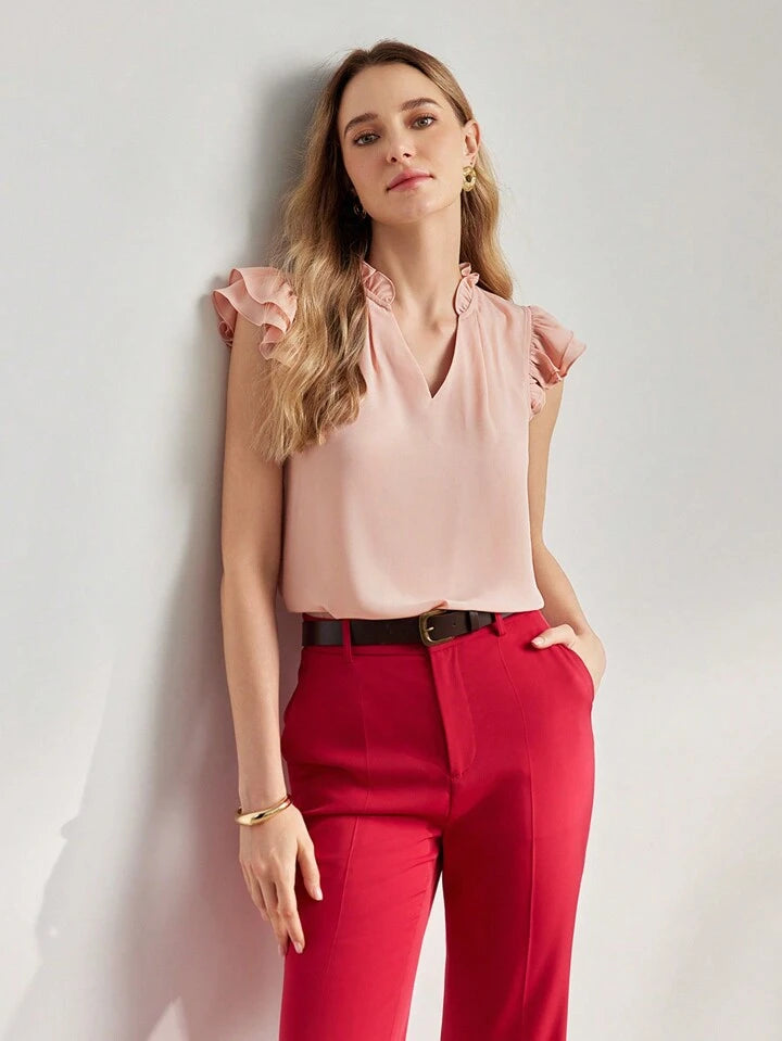 CM-TS669910 Women Casual Seoul Style Frill Trim Notch Neck Flutter Sleeve Blouse - Pink