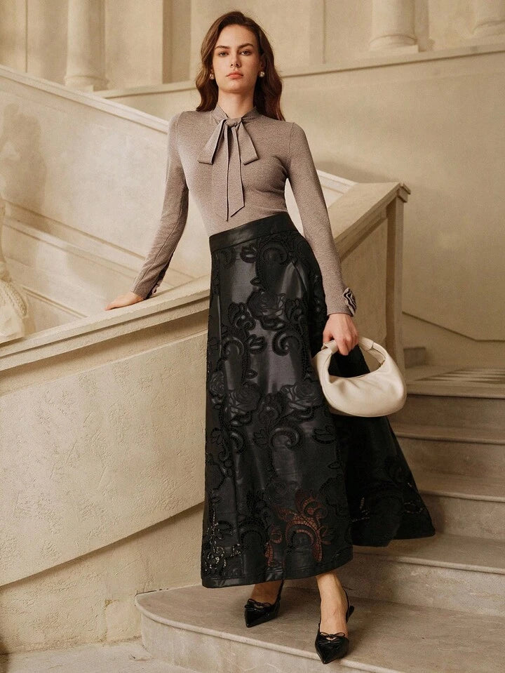 CM-CS952897 Women Casual Seoul Style Bow Tie Strap Rhinestone Decor Long Sleeve Sweater - Gray