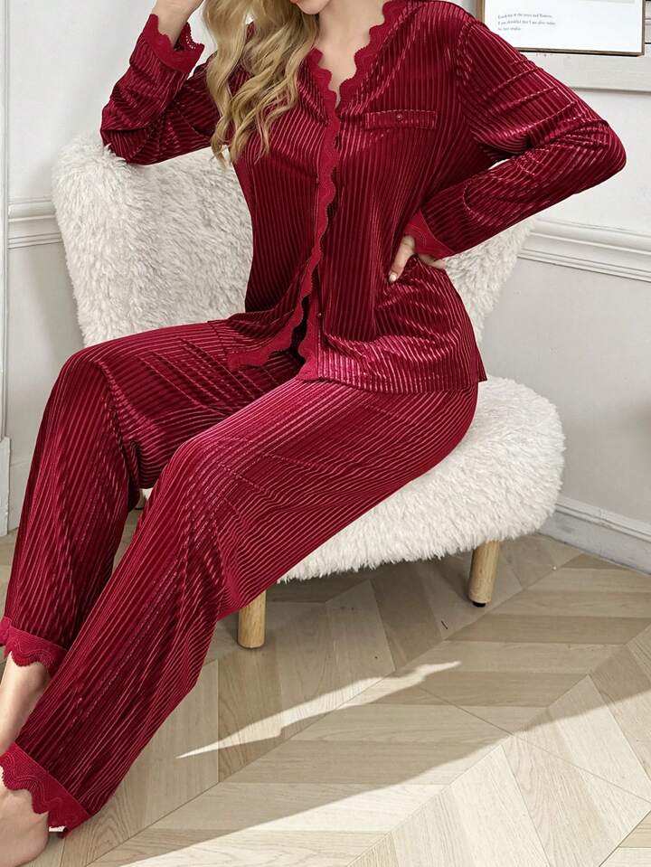 CM-LS590255 Women Trendy Seoul Style V-Neck Long Sleeve Lace Trim Velvet Pajama Set - Burgundy