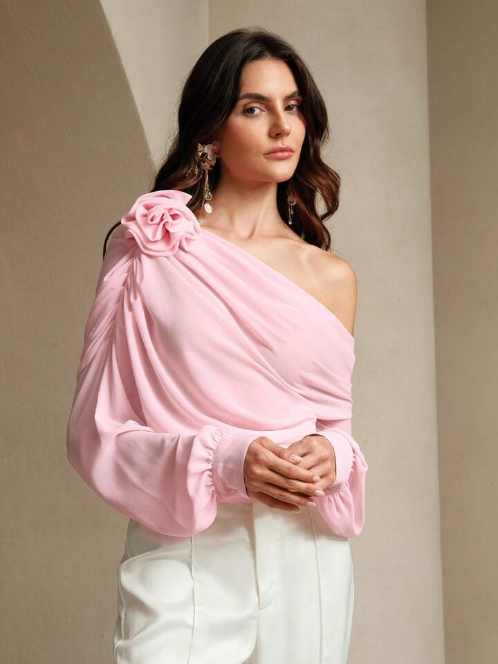 CM-TS898866 Women Elegant Seoul Style Off the Shoulder 3D Floral Decoration Blouse - Baby Pink