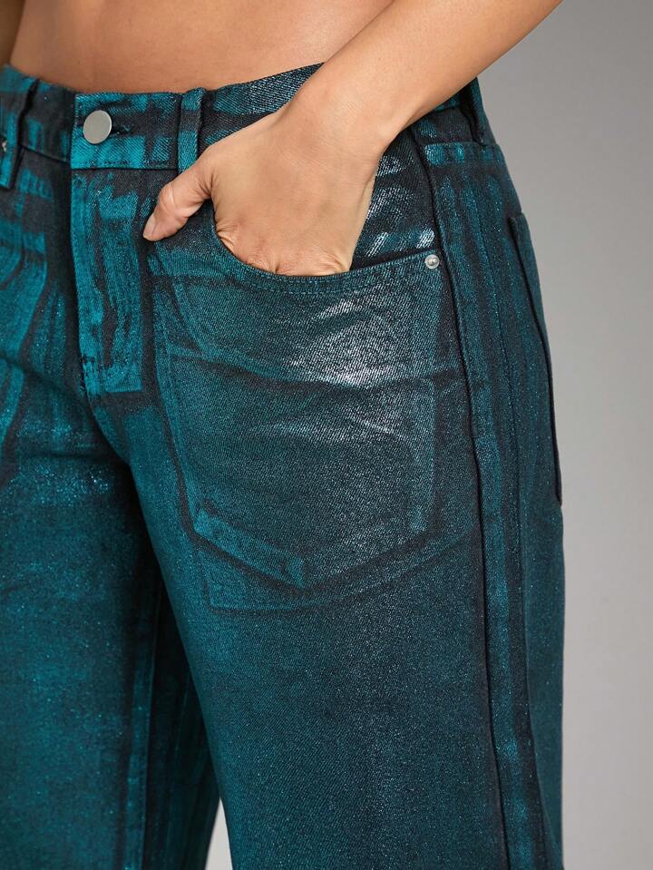 CM-BS043633 Women Casual Seoul Style Drop Waist Foil Low Rise Wide Leg Jeans - Green