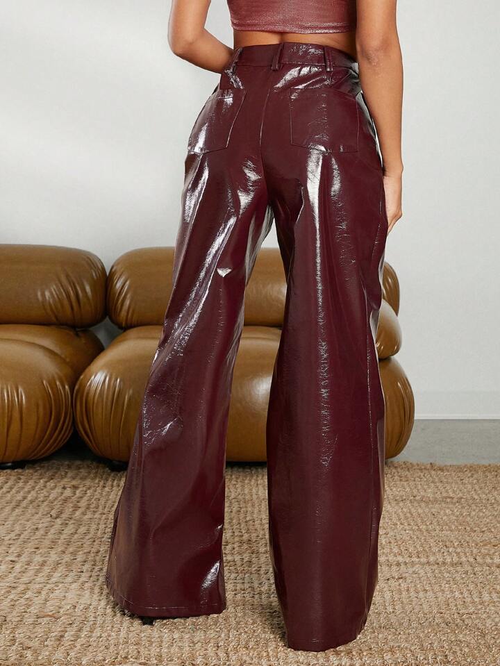 CM-BS499510 Women Elegant Seoul Style Slant Pocket PU Leather Wide Leg Pants - Burgundy