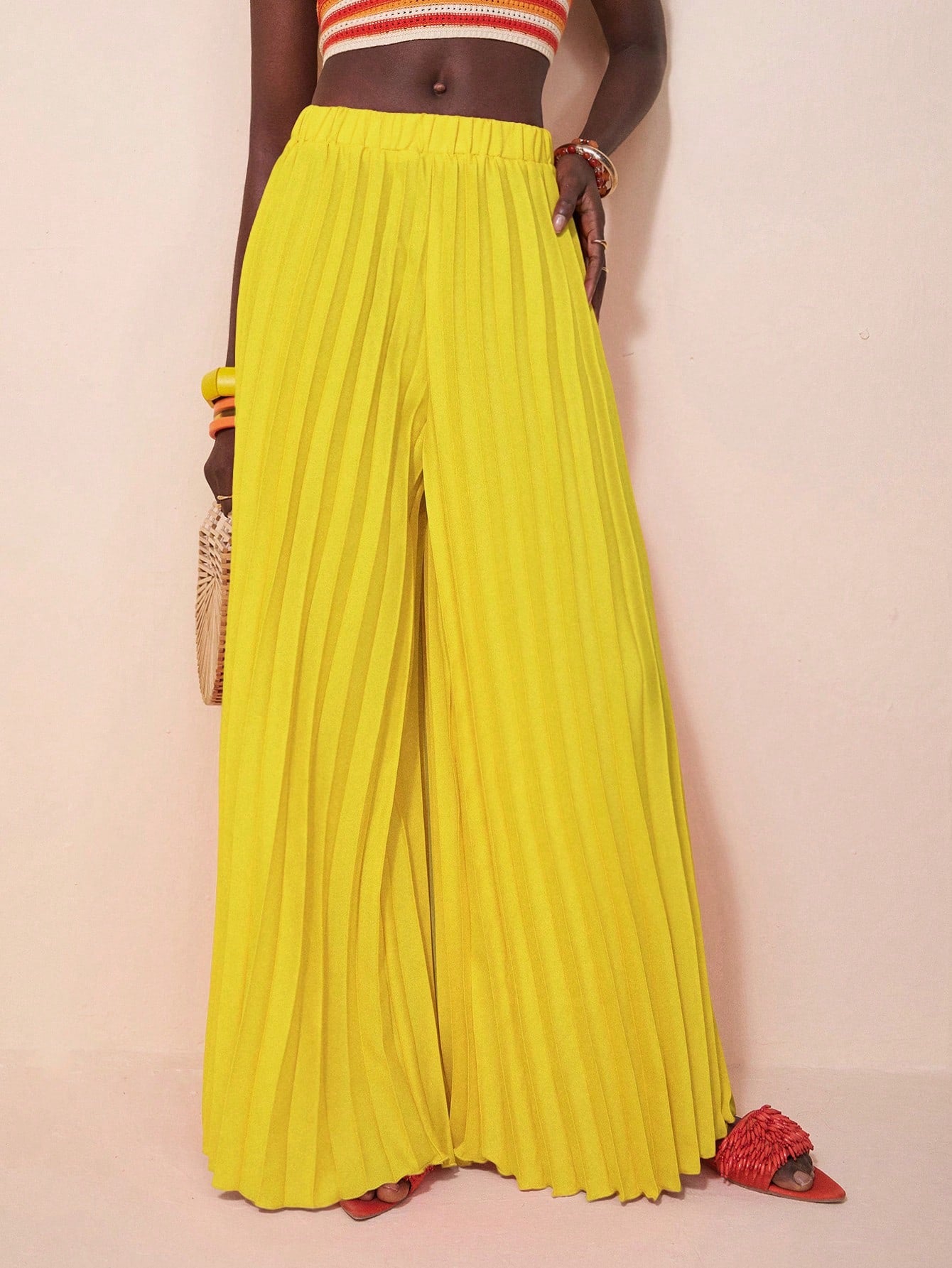 CM-BS848167 Women Trendy Bohemian Style Elastic Waist Pleated Large Hem Extra Long Wide Leg Pants - Yellow
