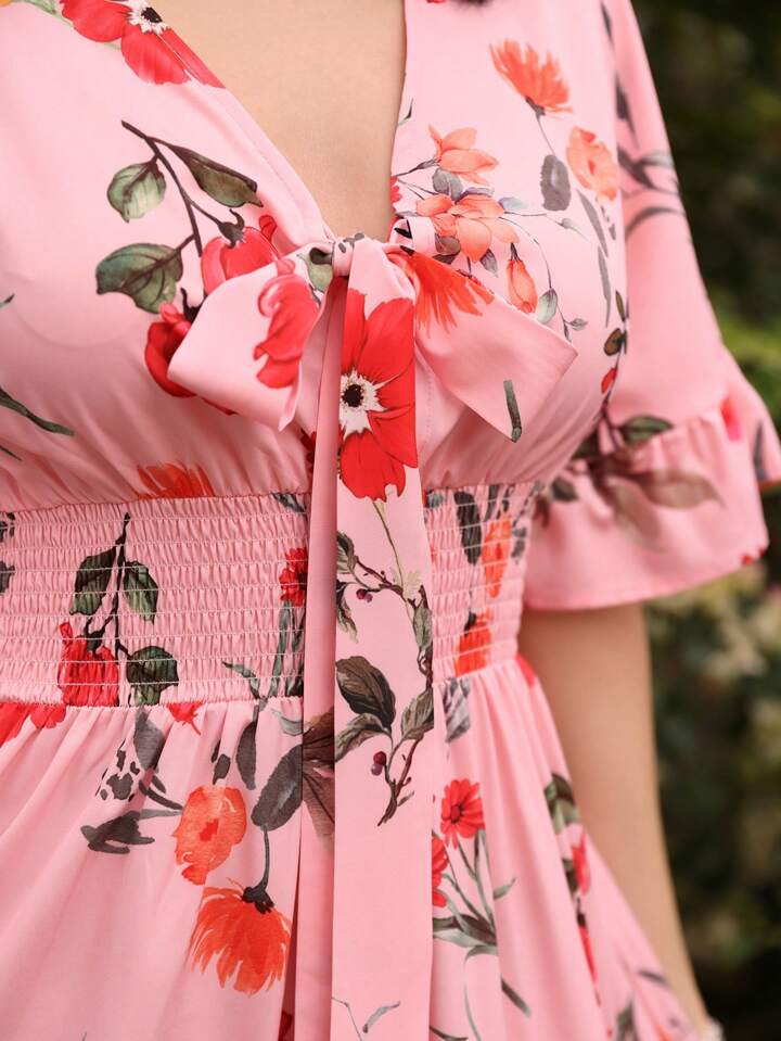 CM-DS211059 Women Trendy Bohemian Style Floral Print Ruffle Hem Shirred Cinching Waist Dress