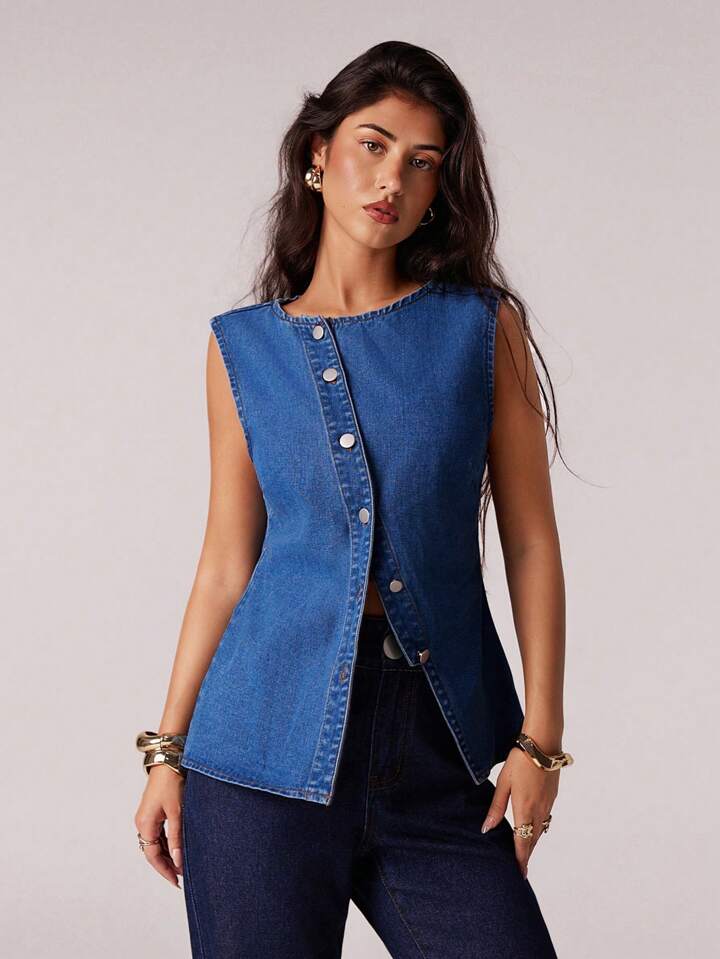 CM-TS440422 Women Casual Seoul Style Medium Wash Round Neck Sleeveless Oblique Placket Design Denim Tank Top