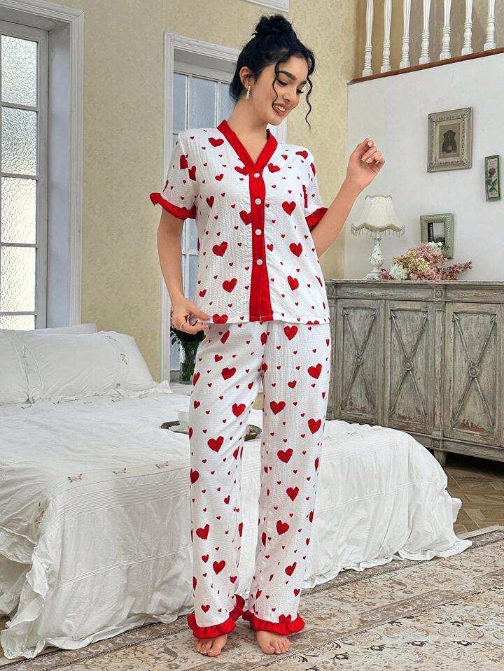 CM-LS163624 Wlomen Trendy Seoul Style Heart Print Ruffled Trim Short Sleeve Top With Long Pants Pajama Set