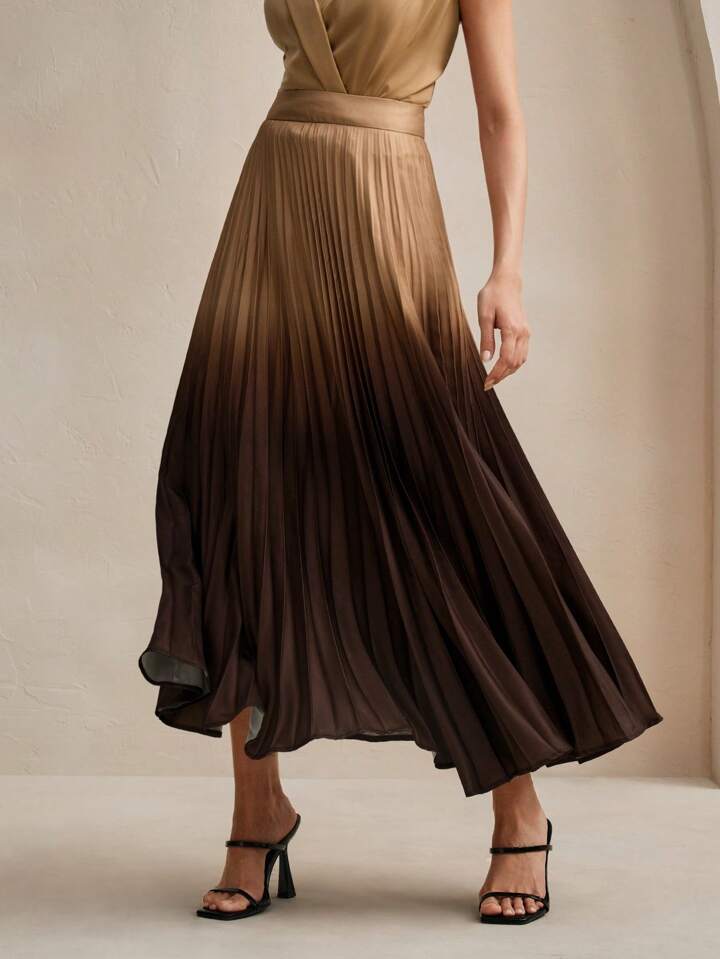 CM-BS892088 Women Elegant Seoul Style High Waist Ombre Pleated A-Line Maxi Skirt - Khaki