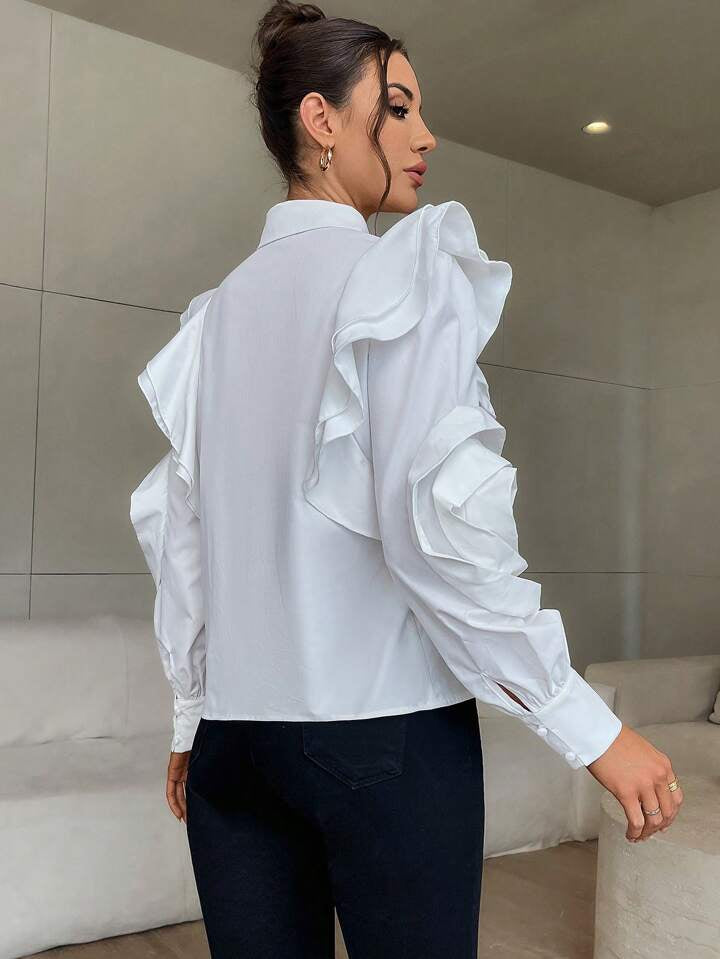 CM-TS179777 Women Elegant Seoul Style Bow Tie Stand Collar Lantern Sleeve Slim Fit Blouse - White