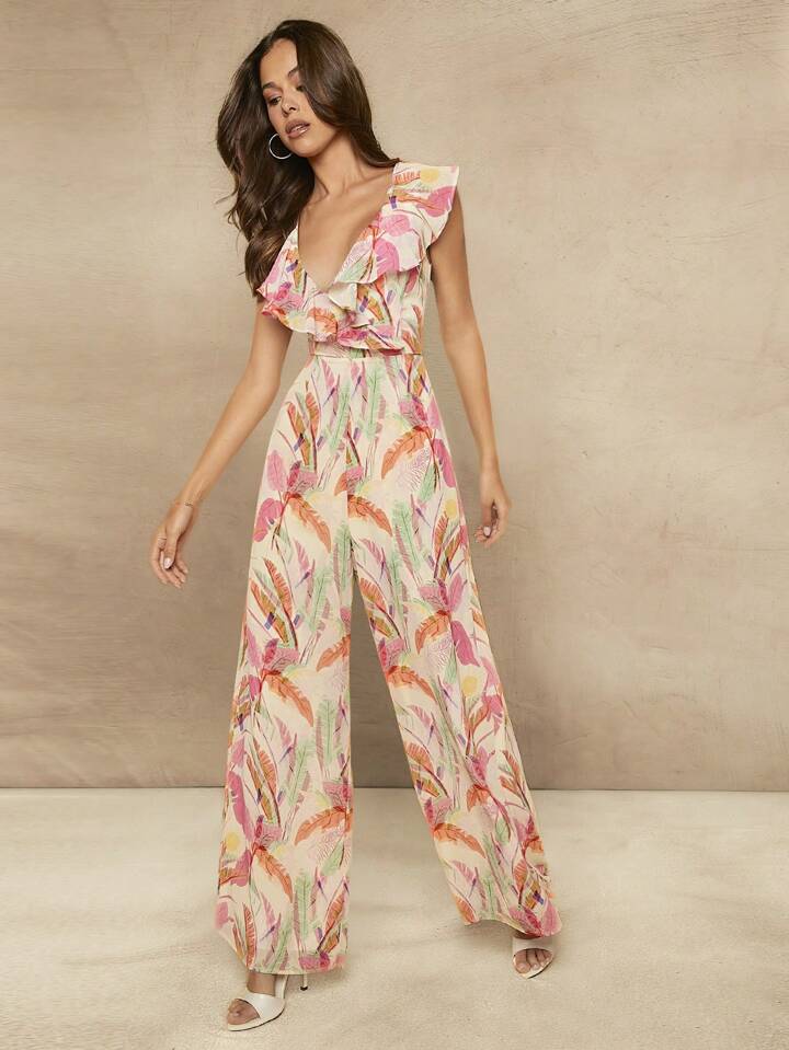 CM-JS877958 Women Trendy Bohemian Style Deep V-Neck Feather Print Ruffle Lace Up Jumpsuit