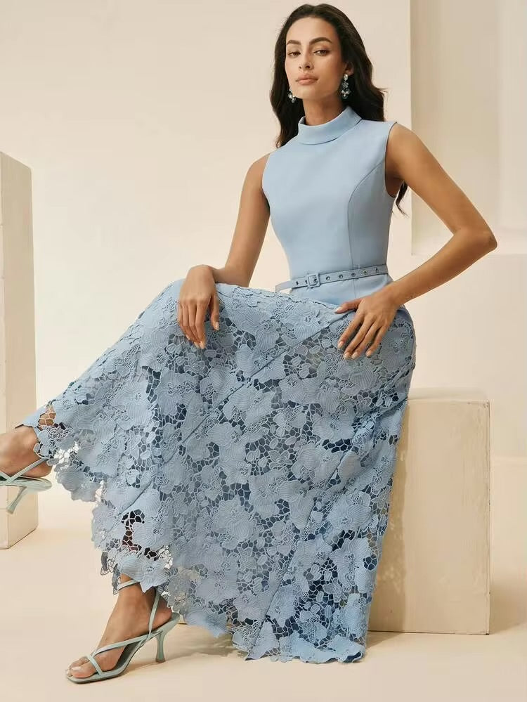 CM-DS725725 Women Elegant Seoul Style Stand Collar Sleeveless 3D Floral Design A-Line Long Dress - Blue