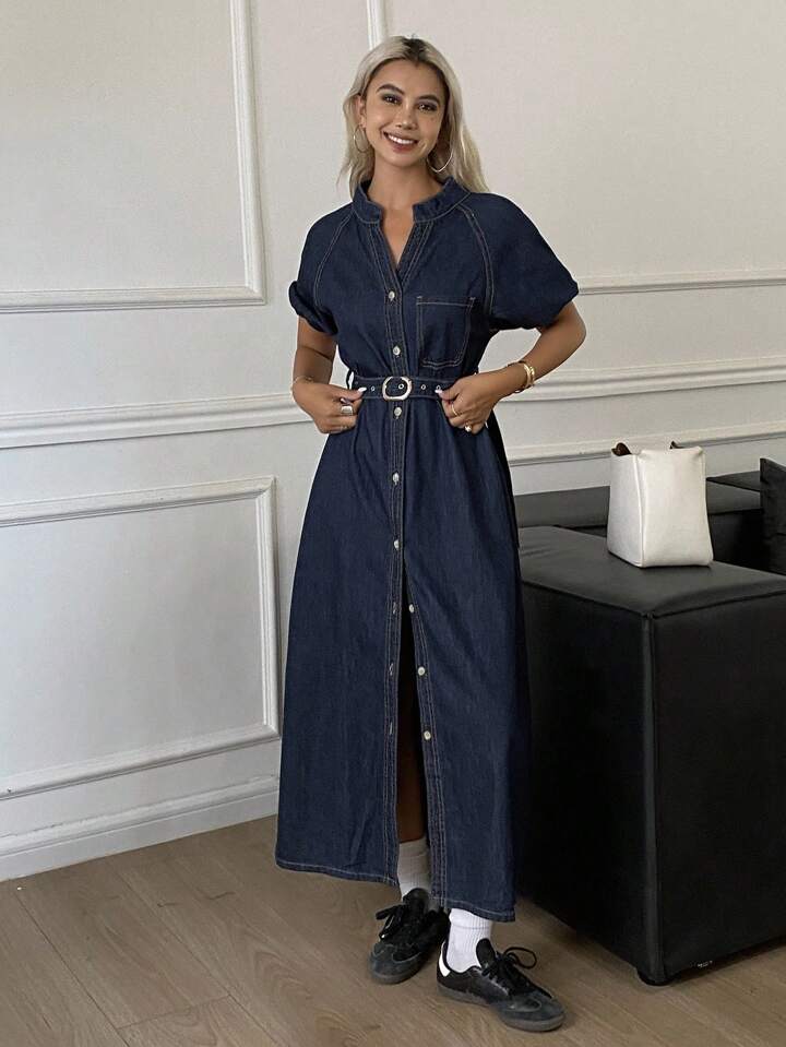 CM-DS617470 Women Casual Seoul Style V-Neck Waist Cinched Short Sleeve Mid-Length Denim Dress - Blue