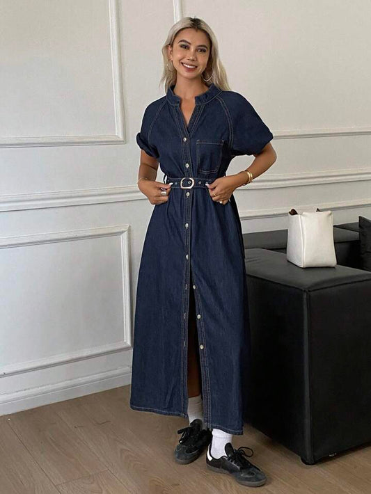 CM-DS617470 Women Casual Seoul Style V-Neck Waist Cinched Short Sleeve Mid-Length Denim Dress - Blue