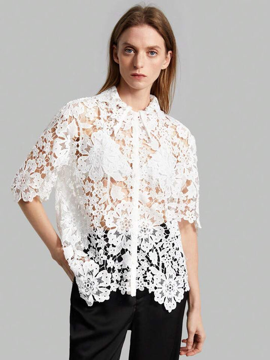 CM-TS357252 Women Casual Seoul Style Stand Collar Short Sleeve Lace Hollow Out Shirt - White