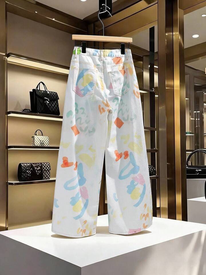 CM-BS825275 Women Casual Seoul Style High Waist Letter Print Pocket Loose Extra Long Wide Leg Jeans