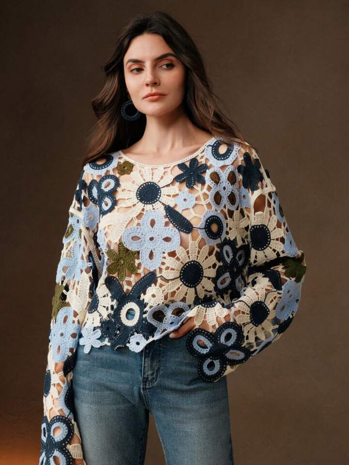 CM-CS203085 Women Trendy Bohemian Style Floral Hollow Out Knitted Long Sleeve Pullover Cover Up