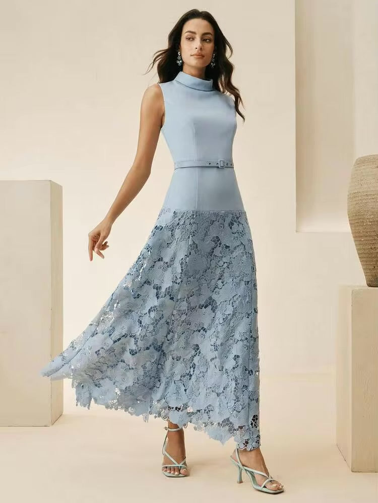CM-DS725725 Women Elegant Seoul Style Stand Collar Sleeveless 3D Floral Design A-Line Long Dress - Blue