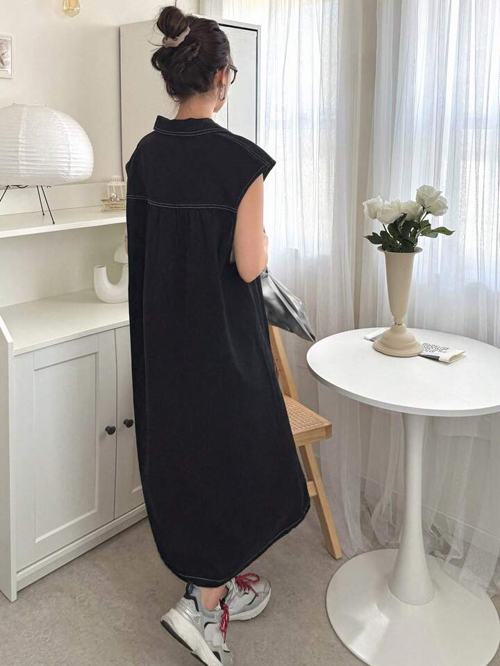 CM-DS455128 Women Casual Seoul Style Collar Neckline Batwing Sleeve Denim Dress - Black