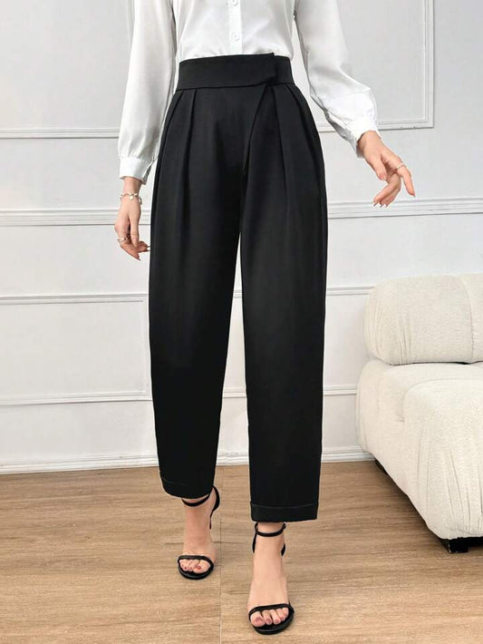 CM-BS390414 Women Elegant Seoul Style High Waist Plicated Detail Straight Leg Pants - Black