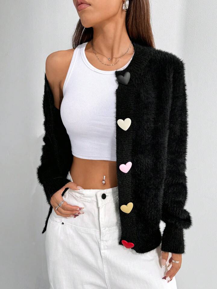 CM-CS746768 Women Casual Seoul Style Colorful Heart Button Front Cardigan - Black