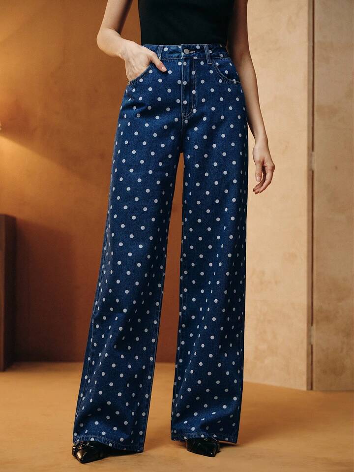 CM-BS606000 Women Casual Seoul Style Mid Waist Polka Dot Pattern Pocketed Wide Leg Loose Jeans - Blue