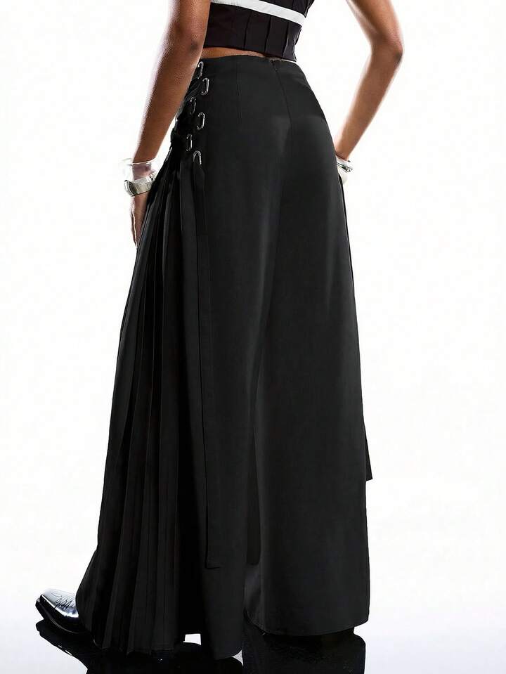 CM-BS550406 Women Casual Seoul Style Solid Color Minimalist Tie-Up Pants Dress Over Pants - Black