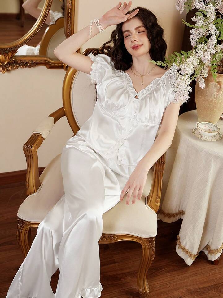 CM-LS169596 Women Trendy Seoul Style V-Neck Ruffle Petal Sleeve Pajama Set - White