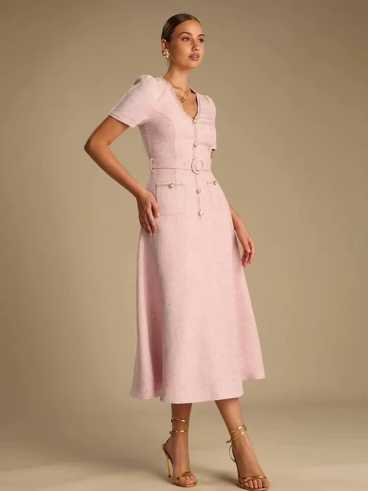 CM-DS427774 Women Elegant Seoul Style V-Neck Short Sleeve Sequin Decoration Belted A-Line Dress - Pink