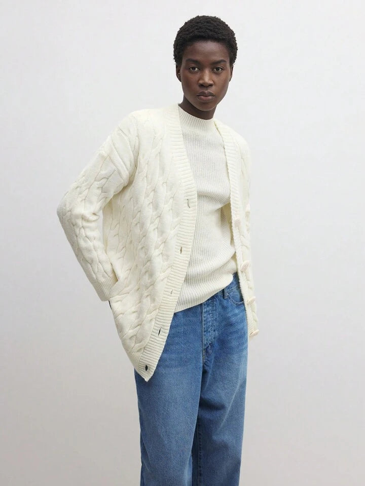 CM-CS755520 Women Casual Seoul Style V-Neck Drop Shoulder Long Sleeve Thermal Lined Cardigan Sweater