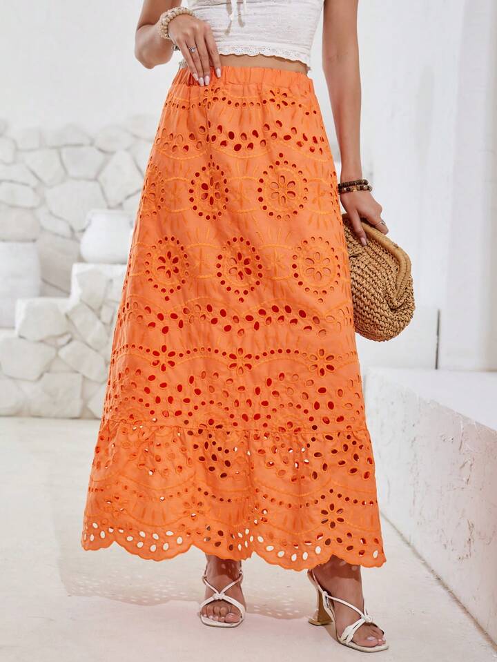 CM-BS622922 Women Trendy Bohemia Style Cut-Out Embroidered Long Skirt - Orange