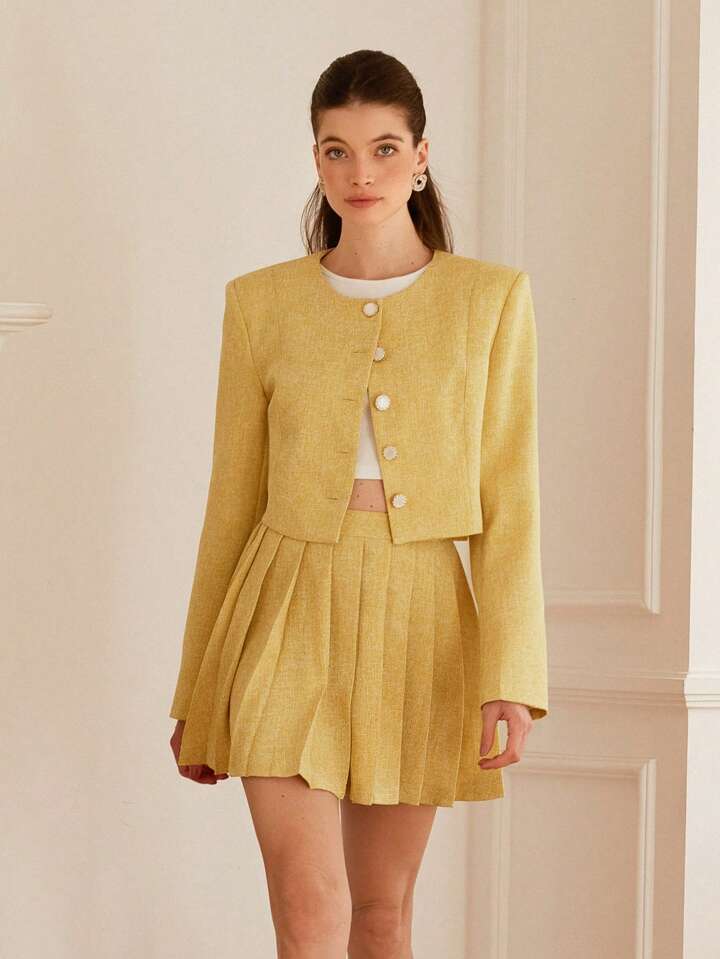 CM-SS876911 Women Elegant Seoul Style Tweed Short Collarless Button Jacket With Pleated Mini Skirt Suit - Yellow