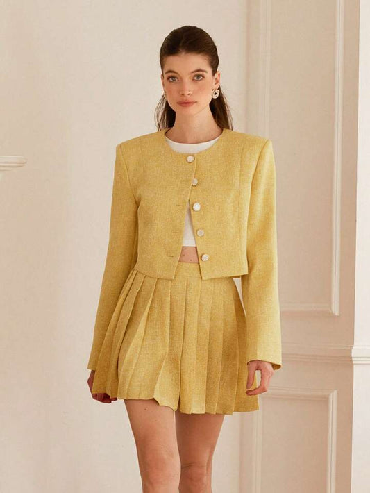 CM-SS876911 Women Elegant Seoul Style Tweed Short Collarless Button Jacket With Pleated Mini Skirt Suit - Yellow