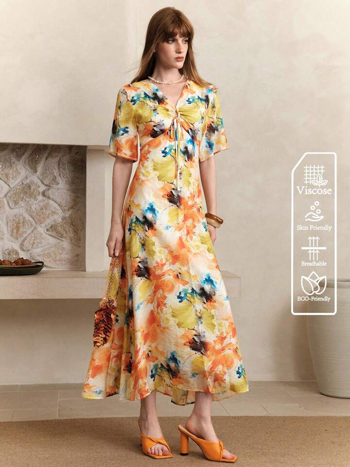 CM-DS272968 Women Casual Seoul Style Tie-Dye Deep V-Neck Flounce Sleeve Waist-Cinching Slim Dress - Yellow