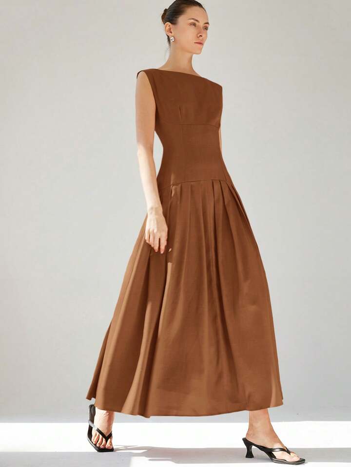 CM-DS711411 Women Elegant Seoul Style Sleeveless Cinched Waist Low Waist Pleated Ruffle Hem Long Dress - Brown