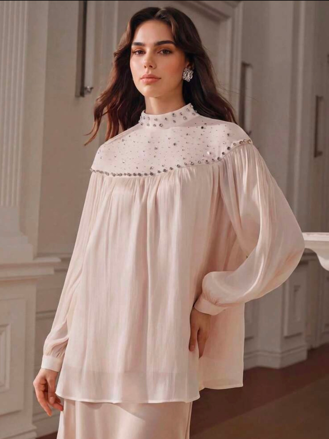 CM-TS800028 Women Elegant Seoul Style Rhinestone Embellished Mesh Patchwork Long Sleeve Glossy Loose Fit Top - Apricot