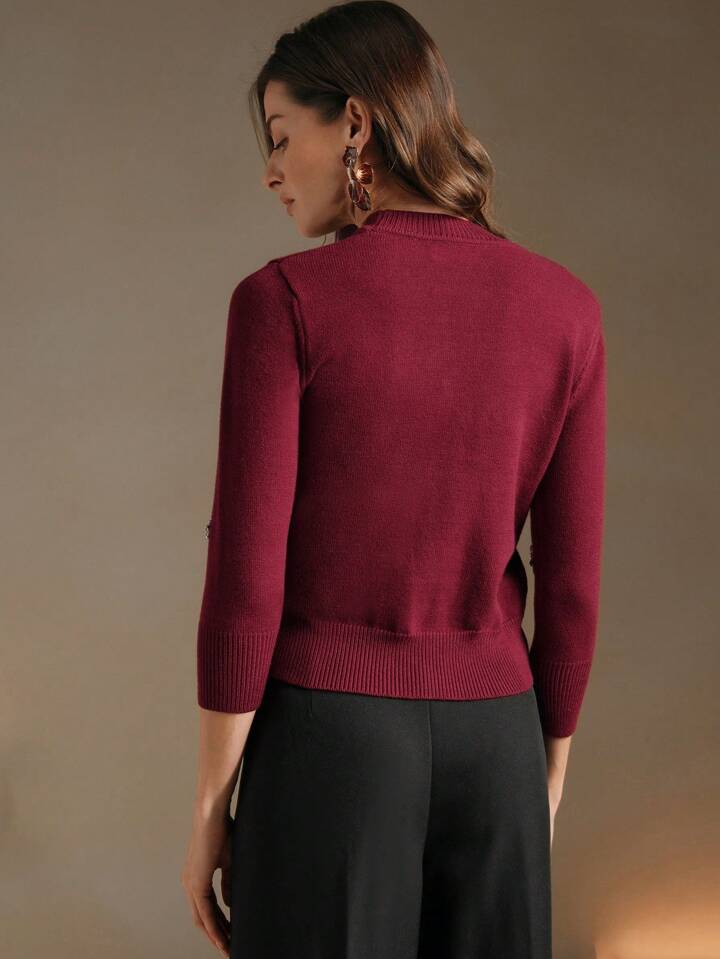 CM-TS561461 Women Casual Seoul Style Rhinestone Decor Round Neck Long Sleeve Knitted Top - Burgundy