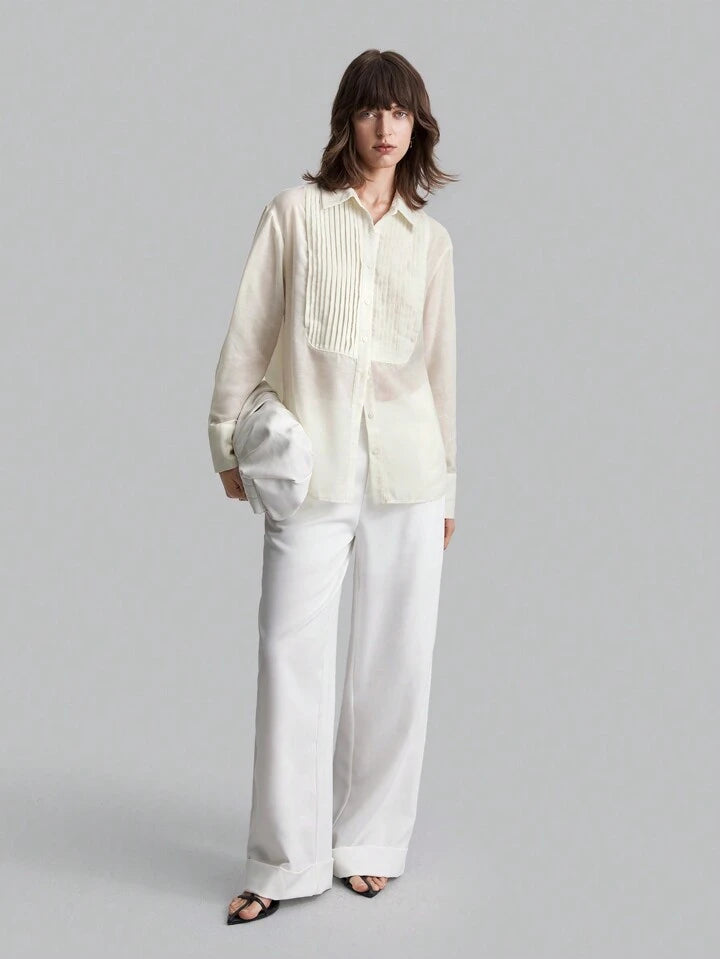 CM-TS444216 Women Casual Seoul Style Solid Pleated Detail Long Sleeve Blouse - White