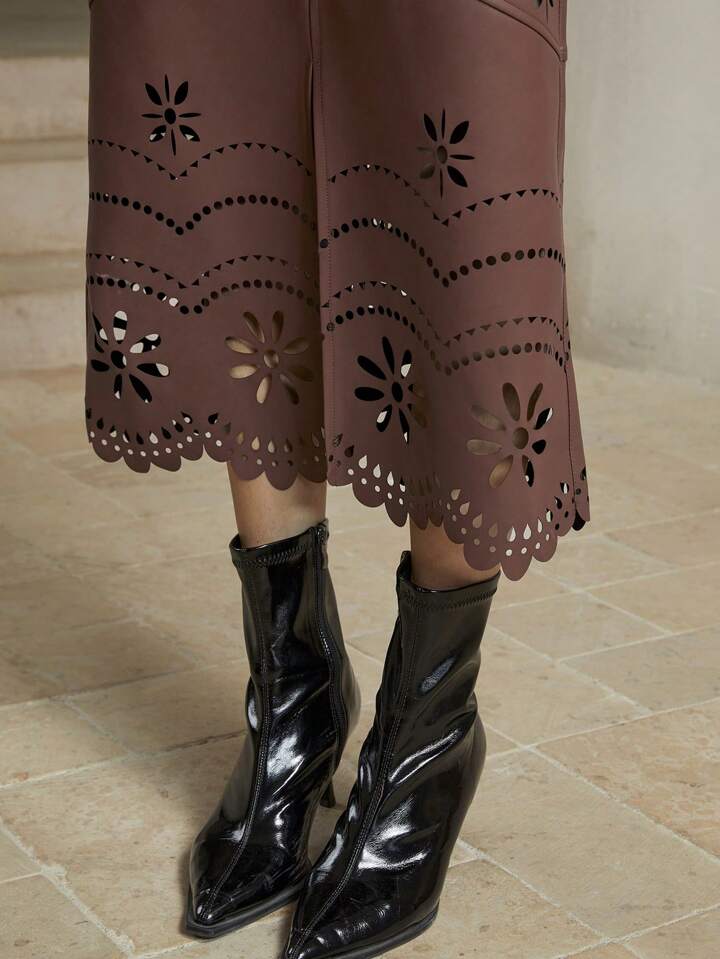 CM-BS336666 Women Elegant Seoul Style  PU Leather Midi A-Line Skinny Skirt - Coffee