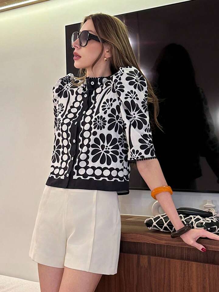 CM-TS270075 Women Casual Seoul Style Floral Print Lace-Hem Round Neck Puff Sleeve Shirt