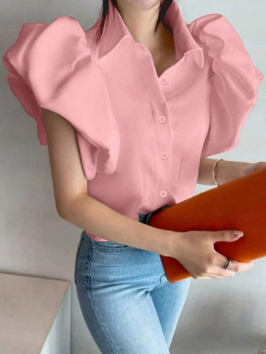 CM-TS566709 Women Casual Seoul Style Solid Color Shirt Collar Puff Sleeve Single-Breasted Blouse - Pink