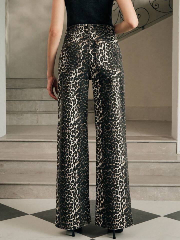 CM-BS954495 Women Elegant Seoul Style High Waist Pockets Leopard Print Wide Leg Loose Jeans - Coffee Brown