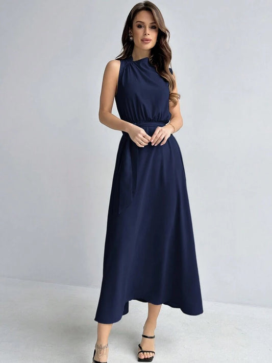 CM-DS090943 Women Casual Seoul Style Sleeveless Asymmetric Collar Belted Maxi Dress - Navy Blue